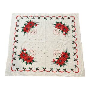 Vintage Christmas Holiday Linen Tablecloth Poinsettias 47” x 52”